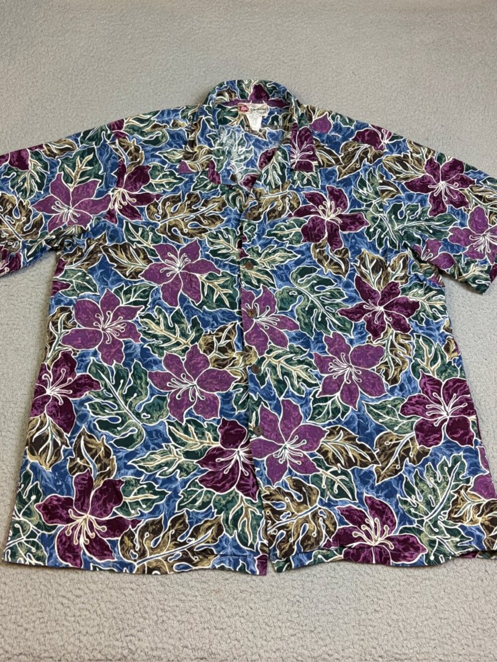 Vintage Hilo Hattie Hawaiian Shirt Mens Size 2XL Floral Blue Purple Made in USA